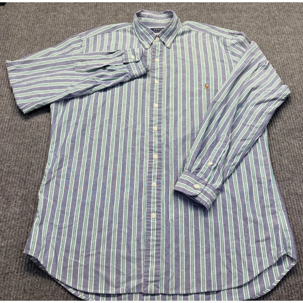 Polo Ralph Lauren Mens LT Blue Green Striped Oxford Button Down Shirt LS